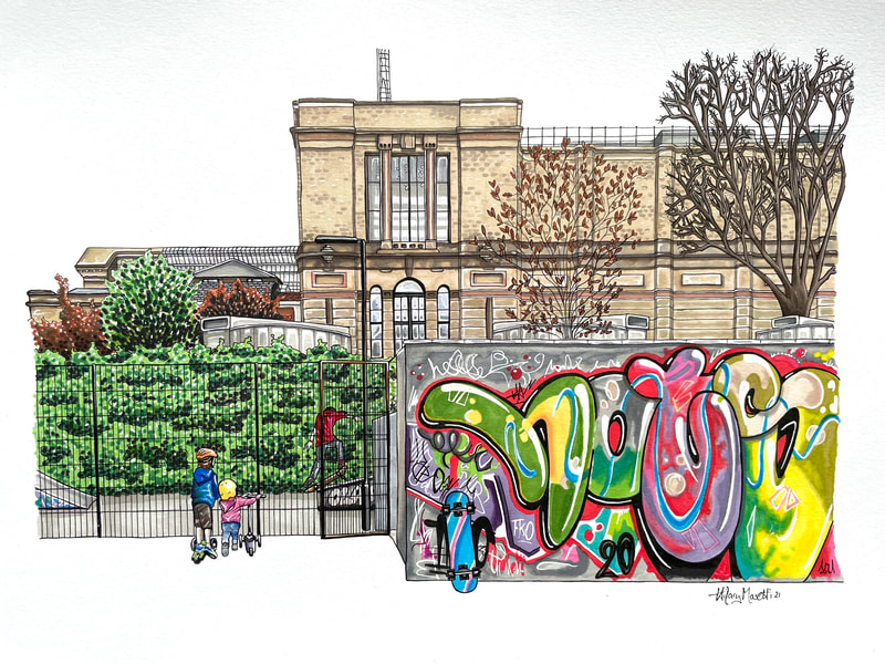 Colour watercolour and sketch of the Alexandra Palace skate park by Hilary Masetti