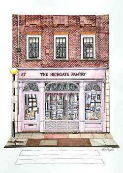 Colour watercolour sketch of The Highgate Pantry shop in Highgate village, North London by Hilary Masetti