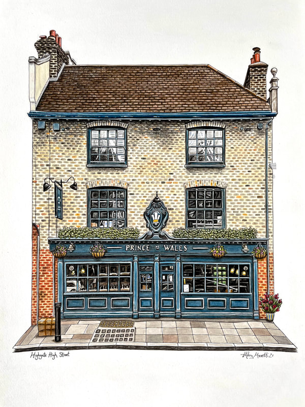 Watercolour sketch of the Prince of Wales pub in Highgate village by Hilary Masetti