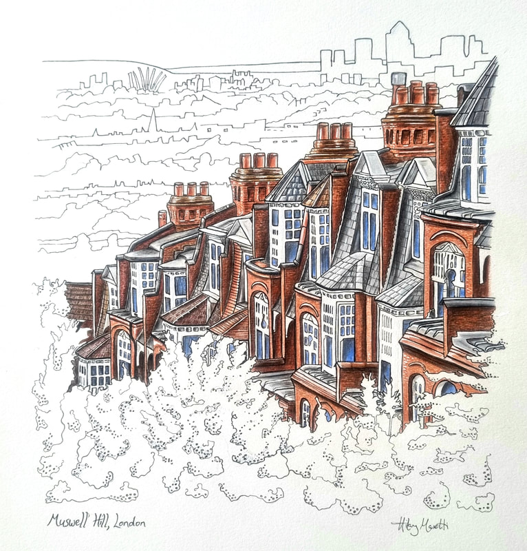 Colour & pencil sketch of the view of Hillfield Park, Muswell Hill by Hilary Masetti