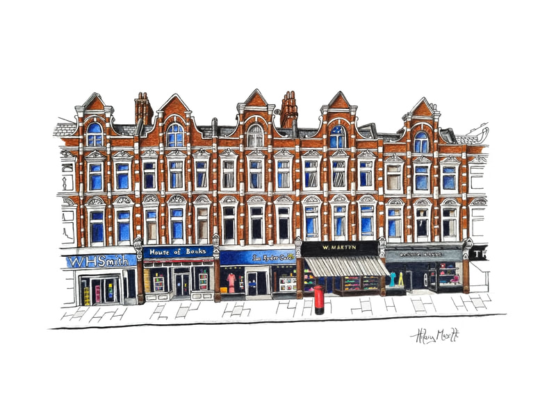 Watercolour sketch of part of the parade of shops on Muswell Hill Broadway, North London by Hilary Masetti